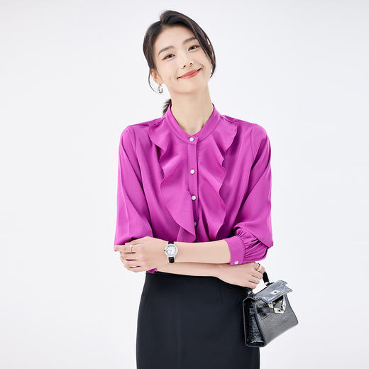 【灵动荷叶边】罗蒙女士长袖衬衫经典圆领舒适休闲商务通勤衬衫女 商品图3