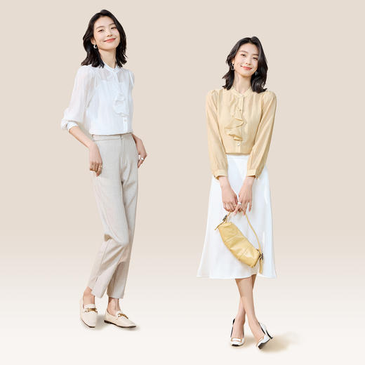 【圆领荷叶边】罗蒙女士长袖衬衫简约清新舒适轻薄款衬衫开衫女 商品图1