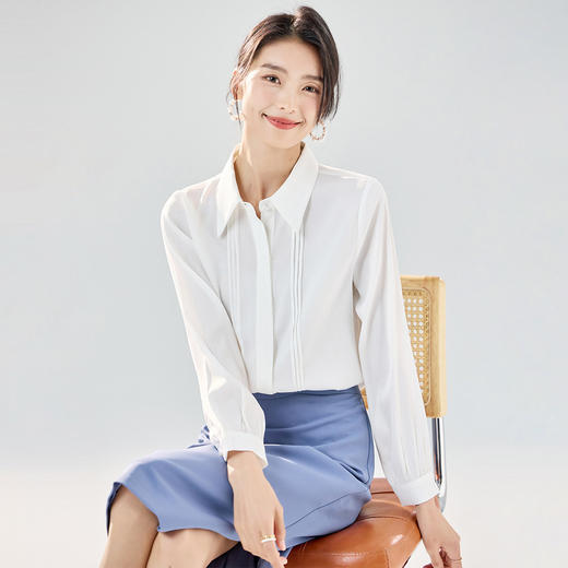 【简约大方】罗蒙女士长袖衬衫商务通勤翻领压皱设计衬衫女上衣 商品图2