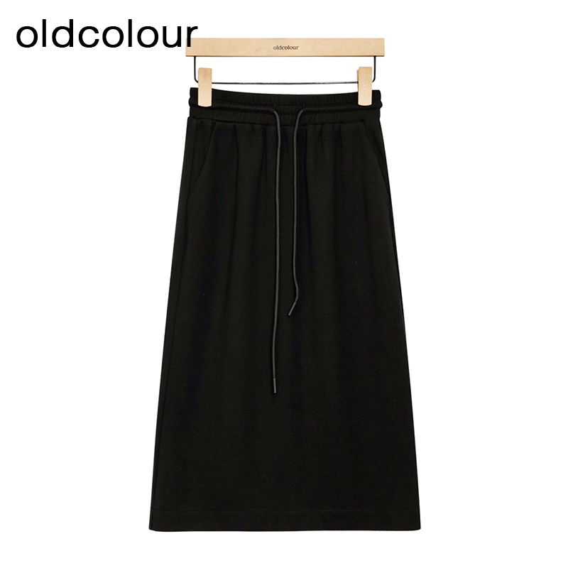 oldcolour黑色高腰半身裙春季新款松紧A字显瘦中长裙女GP11063614