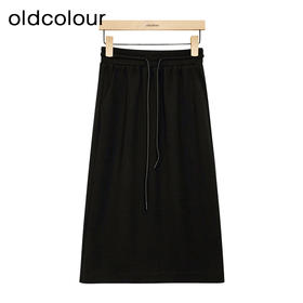 oldcolour黑色高腰半身裙春季新款松紧A字显瘦中长裙女GP11063614