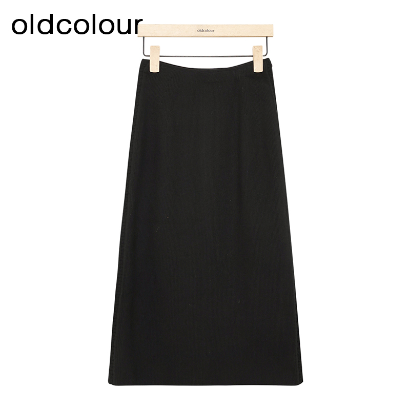 oldcolour黑色半身裙春季新款高腰复古A字显瘦中长裙女P11064408