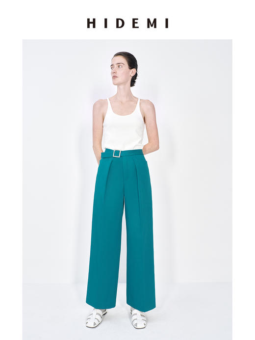 HIDEMI 多色金属腰带设计感显瘦九分阔腿裤新款春夏裤子女 森林绿/黑色/白色 商品图7