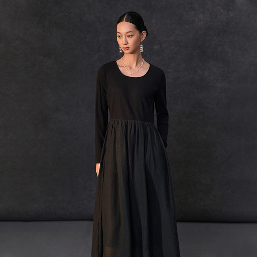 Famecoco假两件拼接极简连衣裙女士圆领气质过膝长裙FAC1FA010 商品图4