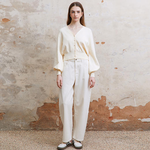 famecoco范可儿复古短款针织开衫女灯笼袖修身毛衣FAC1DE012 商品图4