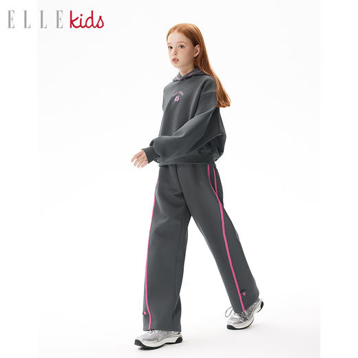 ELLEkids童装 戴帽绣花套头卫衣撞色织带卫裤女童秋休闲运动套装 商品图3