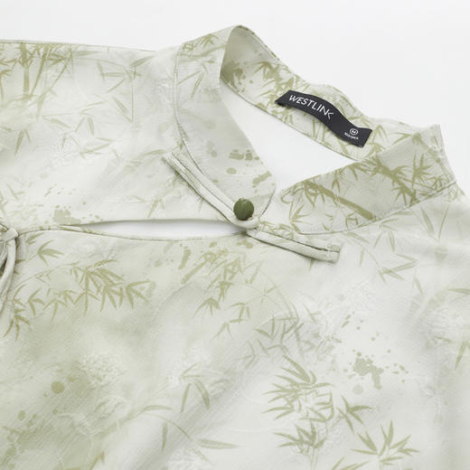 西遇国风收腰印花提花连衣裙女新款旗袍领褶皱开叉裙子D0640372 商品图5