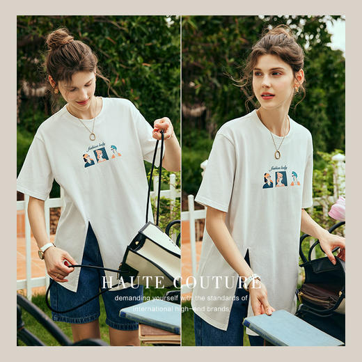 OLrain欧芮儿法式米白色短袖T恤女夏季2023新款宽松印花开叉上衣 商品图2