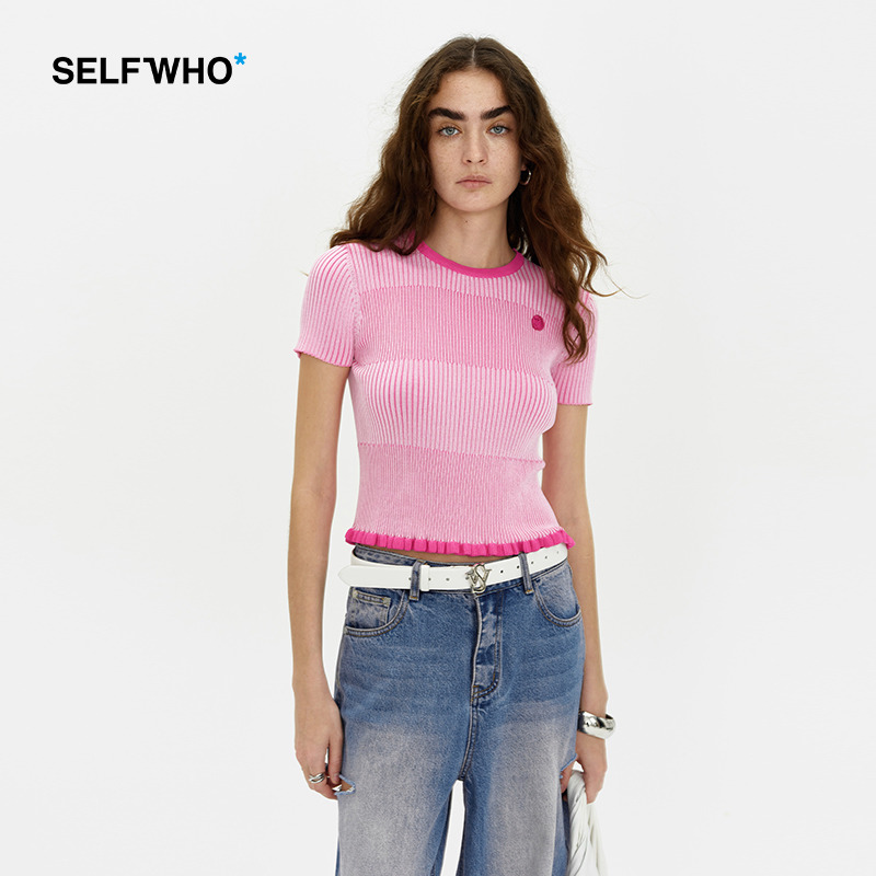 SELFWHO 30支双曲纱线针织衫女2024新款夏学院风修身显瘦短袖上衣