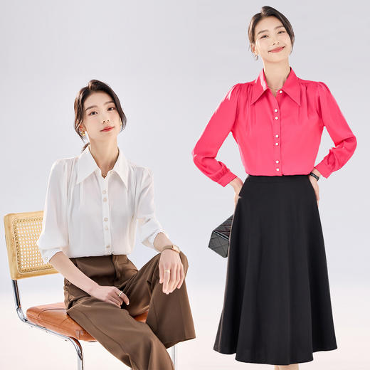 罗蒙女士长袖衬衫女款经典款通勤翻领长袖纯色单穿衬衣内搭衬衫 商品图1