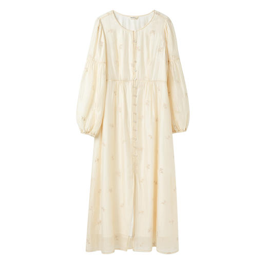 Famecoco重工绣花高腰气质天丝连衣裙女正肩长袖长裙FAC1FA013 商品图5