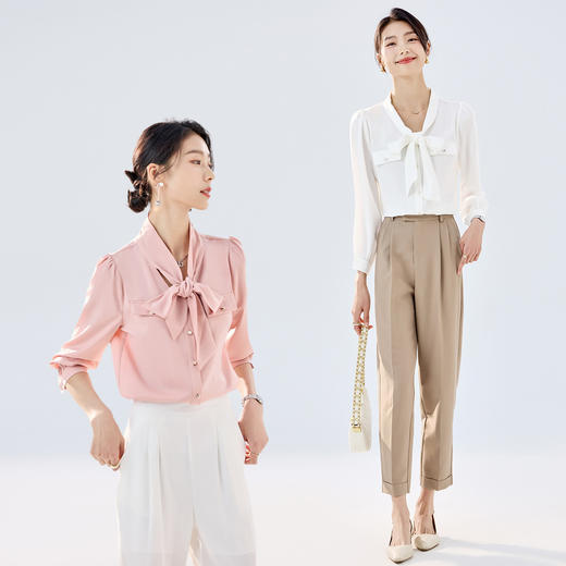 【系带领结】罗蒙女士长袖衬衫商务通勤舒适优雅简约大气衬衫女 商品图1