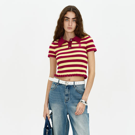 SELFWHO 莱赛尔桑蚕丝条纹Polo衫女2024新款夏季小个子短袖针织衫 商品图2