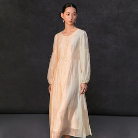 Famecoco重工绣花高腰气质天丝连衣裙女正肩长袖长裙FAC1FA013