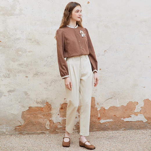 Famecoco范可儿双腰头纯棉拼接休闲裤女直筒休闲裤子 商品图2