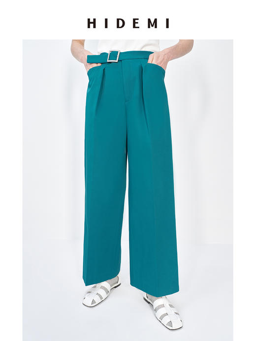 HIDEMI 多色金属腰带设计感显瘦九分阔腿裤新款春夏裤子女 森林绿/黑色/白色 商品图6