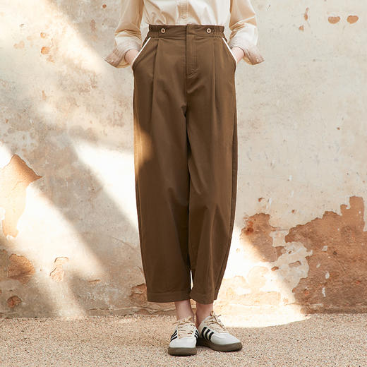 Famecoco范可儿全棉松紧腰宽松休闲裤女士直筒长裤子FAC1GA010 商品图0