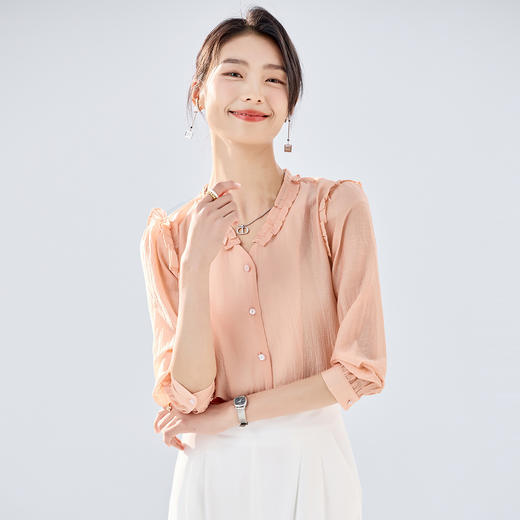 【舒适百搭】罗蒙女士长袖衬衫V领花边领简约清新系扣衬衫女 商品图2