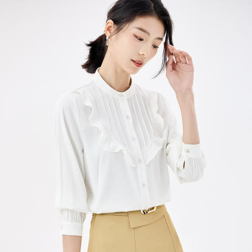 【荷叶边设计】罗蒙女士长袖衬衫纯色优雅清新日常职场舒适衬衫女 商品图4