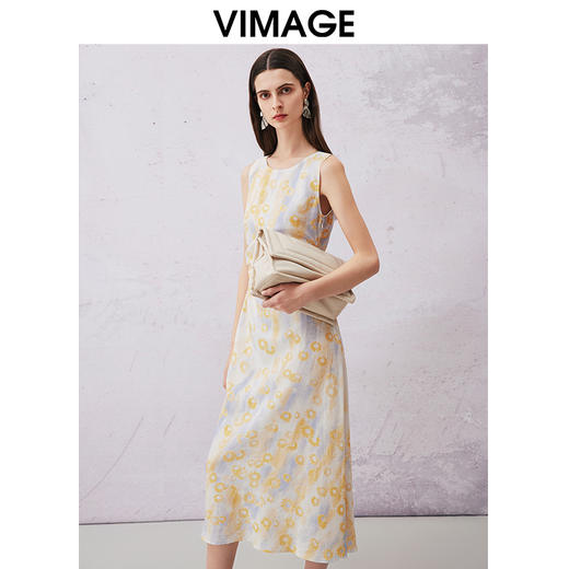 VIMAGE纬漫纪夏季新款气质收腰显瘦无袖印花连衣裙V2107752 商品图1