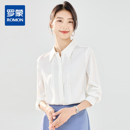 【简约大方】罗蒙女士长袖衬衫商务通勤翻领压皱设计衬衫女上衣 商品图0