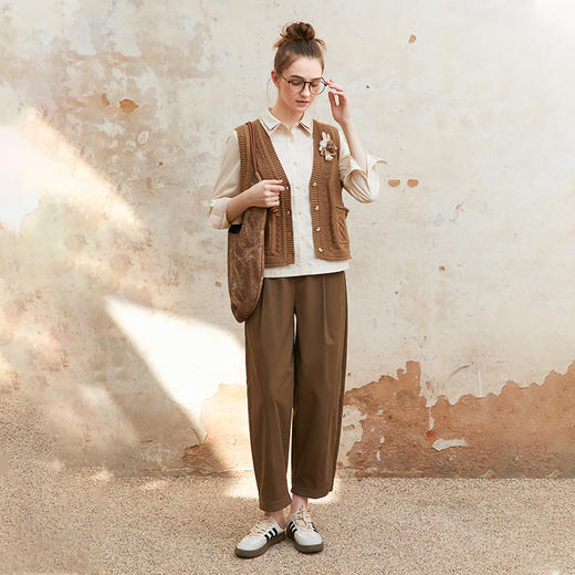 Famecoco范可儿全棉松紧腰宽松休闲裤女士直筒长裤子FAC1GA010 商品图2