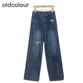 oldcolour高腰牛仔裤春季新款复古破洞气质阔腿长裤女P12113266