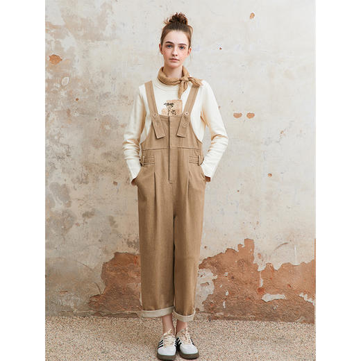 Famecoco范可儿纯棉休闲背带裤女士减龄运动黑色长裤FAC1GF001 商品图0