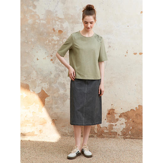 Famecoco范可儿纯棉牛仔包臀裙女士开叉半身裙中长款FAC1HA028 商品图2