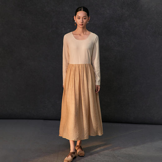 Famecoco假两件拼接极简连衣裙女士圆领气质过膝长裙FAC1FA010 商品图1