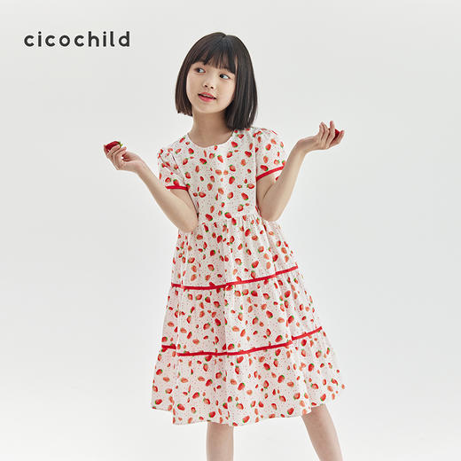 cicochild24夏季新品女童草莓印花碎花连衣裙软糯蛋糕裙摆公主裙 商品图0