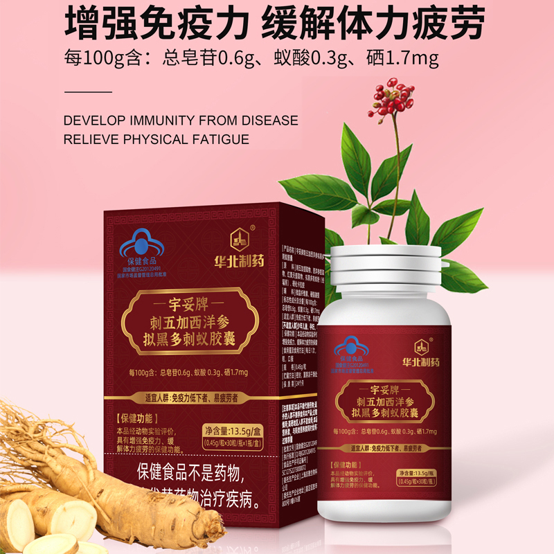 【始建于1953年 70年国民药企品牌 】华北制药刺五加西洋参拟黑多刺蚁胶囊 增强免疫力缓解体力疲劳   男女皆宜 30粒/瓶