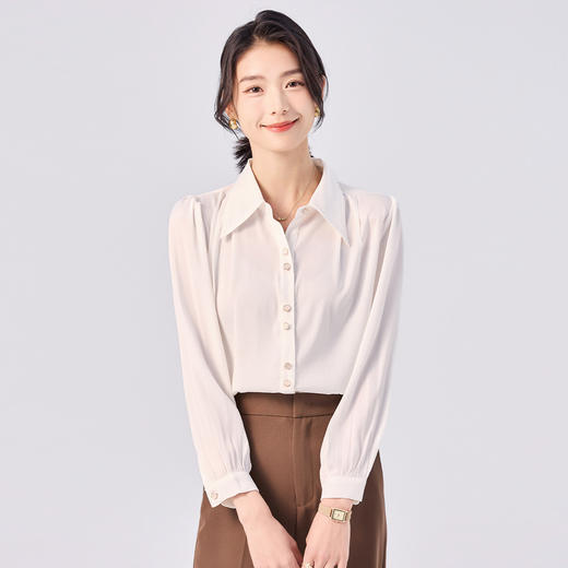罗蒙女士长袖衬衫女款经典款通勤翻领长袖纯色单穿衬衣内搭衬衫 商品图4