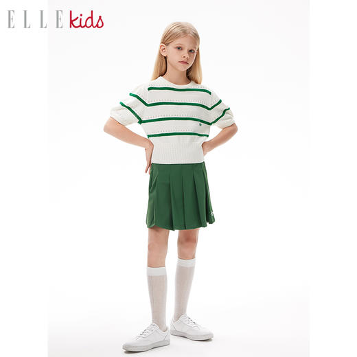 ELLEkids童装 法式泡泡袖撞色短袖毛衣女童秋夏新款条纹针织上衣 商品图1