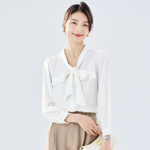 【系带领结】罗蒙女士长袖衬衫商务通勤舒适优雅简约大气衬衫女 商品图4