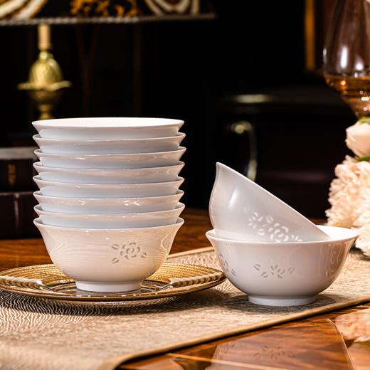 富玉  景德镇高温瓷餐具 玲珑玉牡丹饭碗10只装组合礼盒装 商品图0