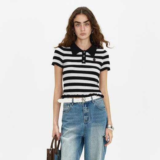 SELFWHO 莱赛尔桑蚕丝条纹Polo衫女2024新款夏季小个子短袖针织衫 商品图0