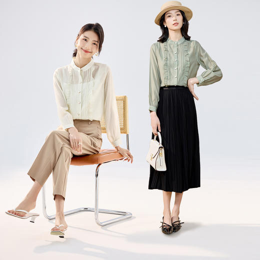 【清新百搭】罗蒙女士长袖衬衫圆领花边设计系扣日常开衫轻薄衬衫女 商品图1