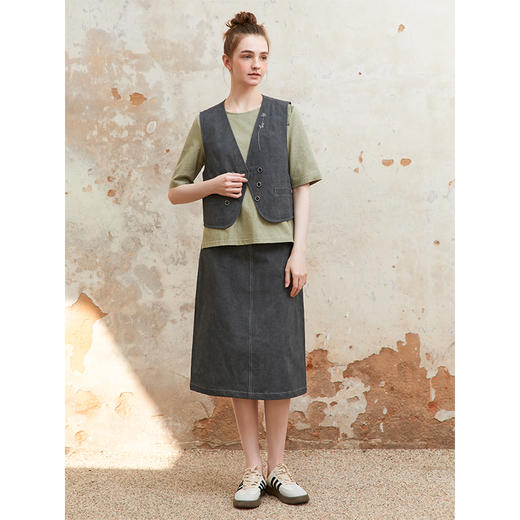 Famecoco范可儿纯棉牛仔包臀裙女士开叉半身裙中长款FAC1HA028 商品图0