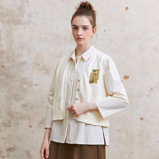 Famecoco范可儿植物标本印花纯棉短款马甲开衫女马夹FAC1CA017 商品图1