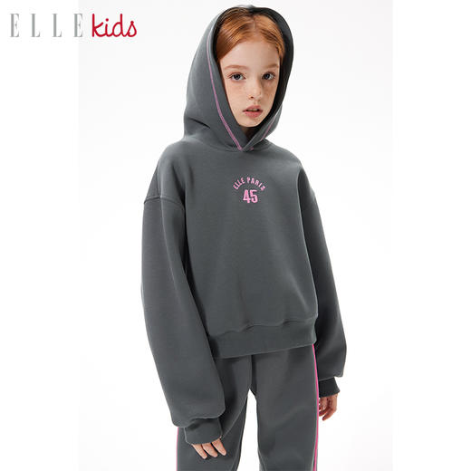 ELLEkids童装 戴帽绣花套头卫衣撞色织带卫裤女童秋休闲运动套装 商品图1