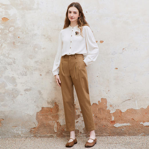 Famecoco范可儿双腰头纯棉拼接休闲裤女直筒休闲裤子 商品图5