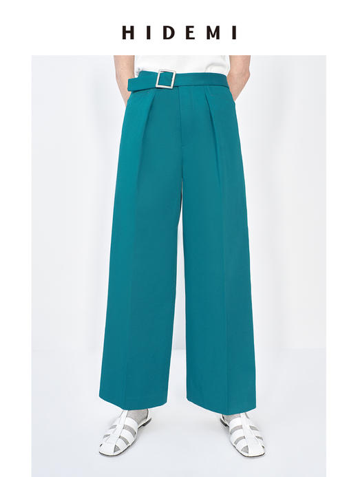 HIDEMI 多色金属腰带设计感显瘦九分阔腿裤新款春夏裤子女 森林绿/黑色/白色 商品图3
