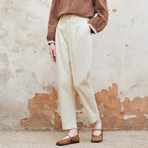 Famecoco范可儿双腰头纯棉拼接休闲裤女直筒休闲裤子 商品图1