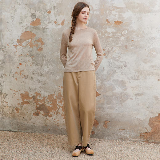 Famecoco范可儿全棉松紧腰阔腿休闲裤女士基础款长裤 商品图3