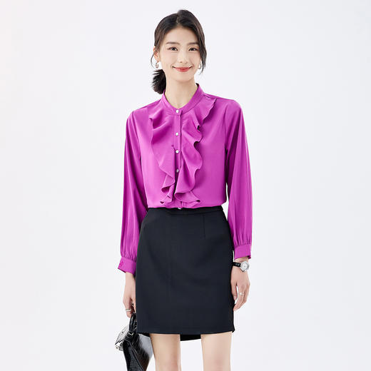 【灵动荷叶边】罗蒙女士长袖衬衫经典圆领舒适休闲商务通勤衬衫女 商品图4