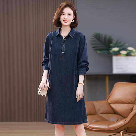 HR WH26069气质时尚翻领遮肉显瘦透气牛仔连衣裙 商品图3