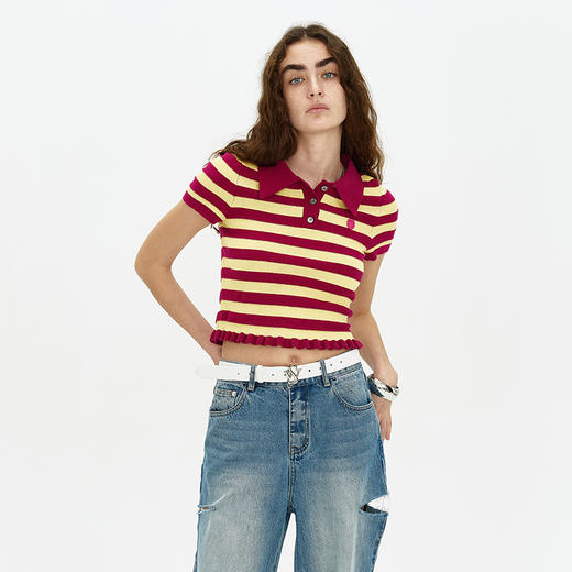 SELFWHO 莱赛尔桑蚕丝条纹Polo衫女2024新款夏季小个子短袖针织衫 商品图3