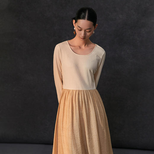 Famecoco假两件拼接极简连衣裙女士圆领气质过膝长裙FAC1FA010 商品图2