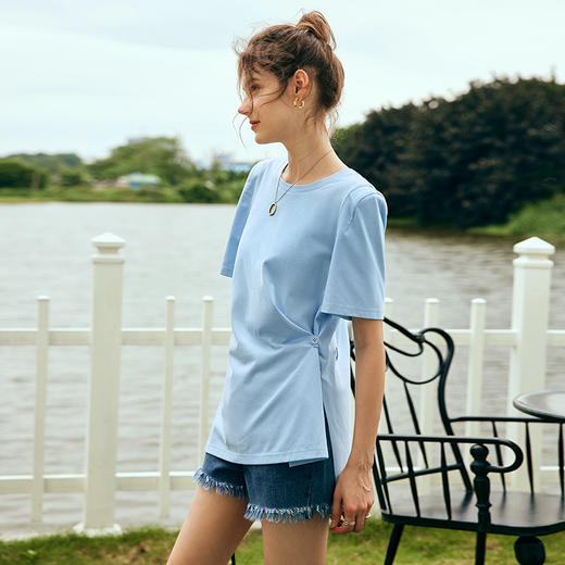 OLrain欧芮儿法式短袖T恤女夏季2023新款宽松不规则开叉休闲上衣 商品图1
